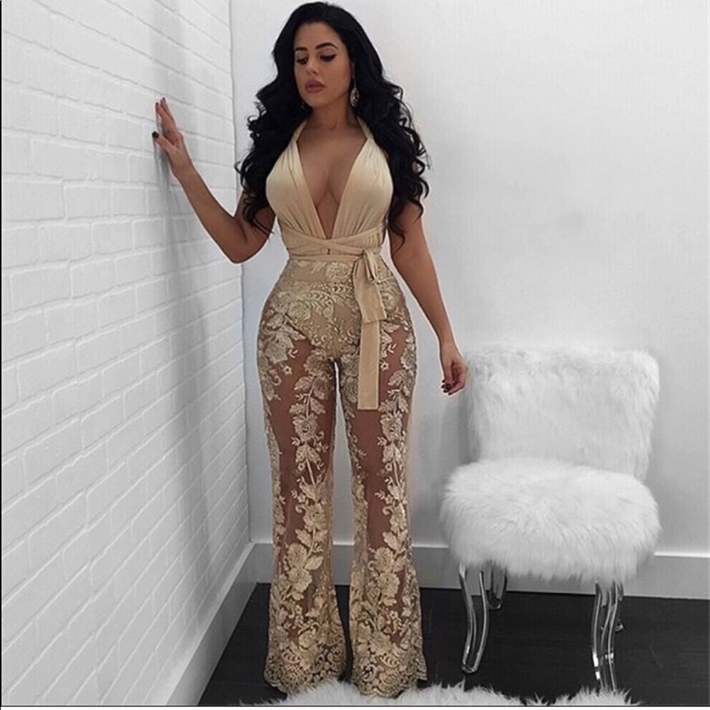 Sheer lace two piece convertible top jumpsuit